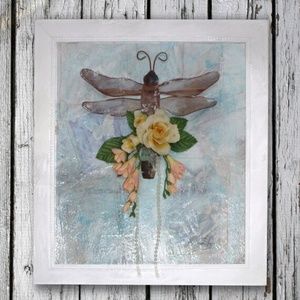 Framed Dragonfly art, mixed media, Vintage Flowers, Pearls, French romantic